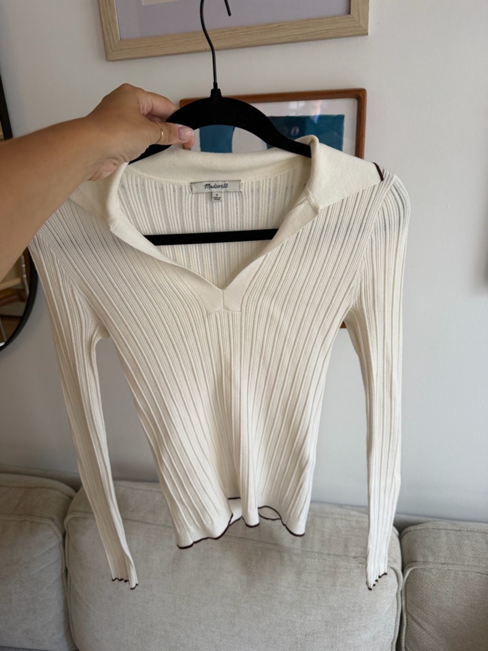 Madewell Cream Ribbed V-Neck Sweater with Contrast Trim